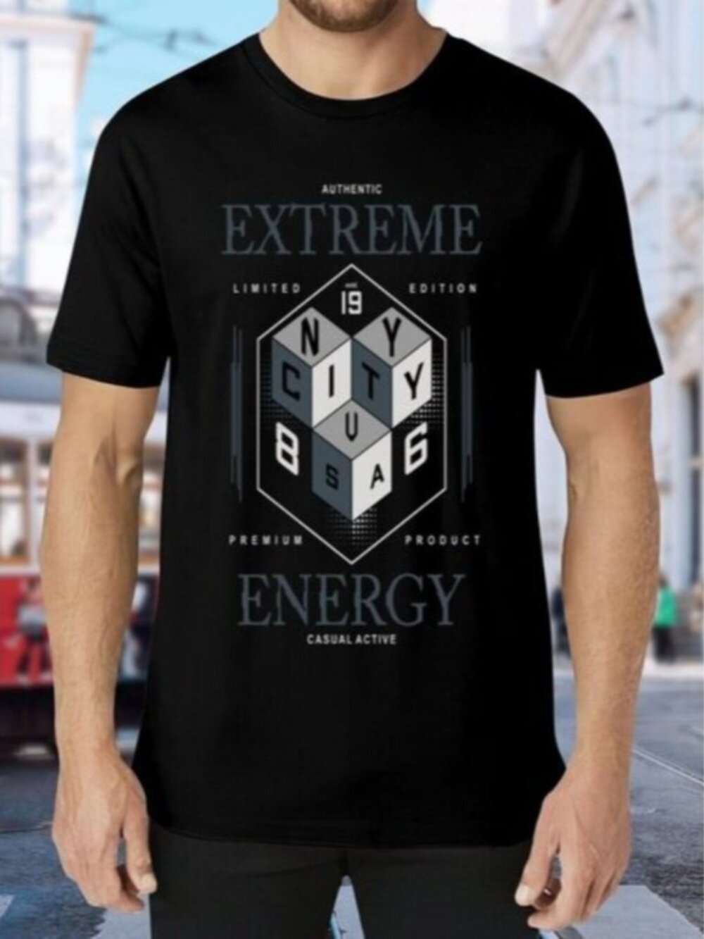 Black Graphic T-Shirt with Geometric Design